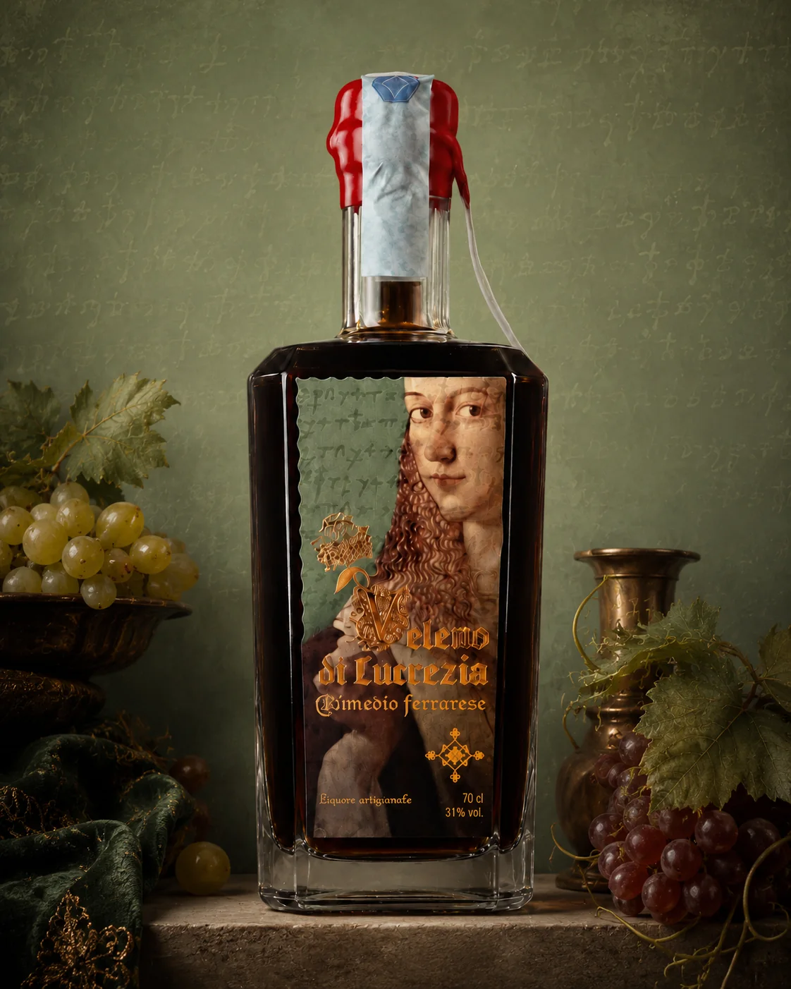 Bottiglia di Veleno di Lucrezia, amaro all'aglio nero fermentato, 70 cl 31% vol.